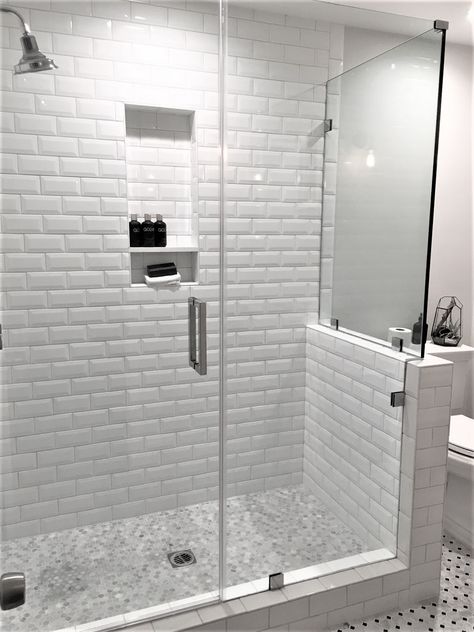 This is a shower I designed in Woodland Hills with beveled white subway tile and frameless shower door. Note the niche. Shower faucet from Restoration Hardware. This was converted from an existing tub/shower.  Barbara Stock Interior Design Beveled Subway Tile Bathroom, White Beveled Subway Tile, White Subway Tile Shower, White Subway Tile Bathroom, Makeover Kamar Mandi, Beveled Subway Tile, Subway Tile Showers, Subway Tiles Bathroom, Frameless Shower Door