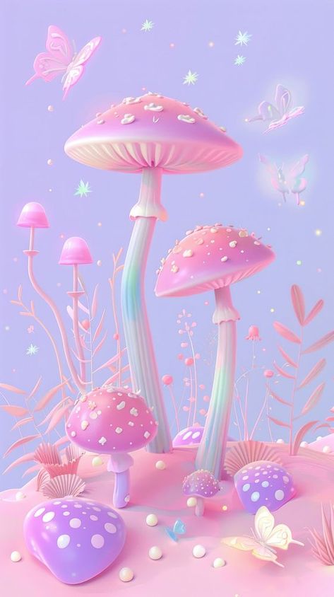 Pink Mushroom Aesthetic, Background Goth, Mushroom Wallpapers, Glowing Wallpaper, Kawaii Photography, Dreamy Scenery, Mushroom Background, Mushroom People, Aesthetic Mushroom