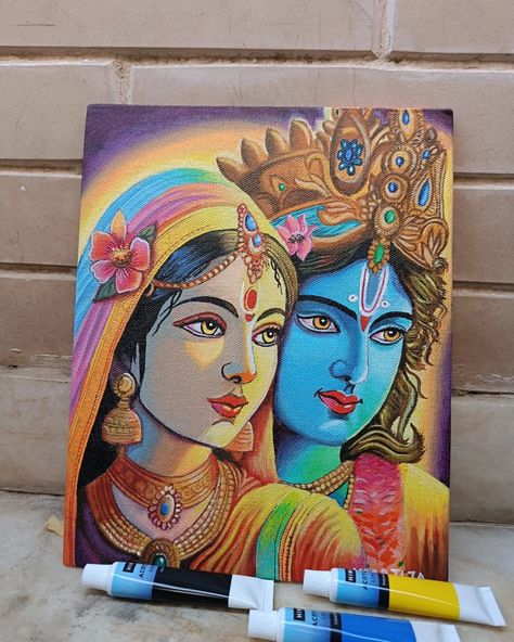 Materials used Canvas board 8×10 inches Acrylic colours from @thoovi.arts @miyahimi.in Radha Krishna paintings depict the divine love between Radha and Krishna, central figures in Hindu mythology and literature. These artworks are characterized by their vibrant colors, intricate details, and profound symbolism. Radha, the embodiment of devotion and love, is often shown gazing adoringly at Krishna, who plays his flute, enchanting her and the surroundings. The pastoral settings, lush landsca... Radha Krishna Ji Painting, Radha Krishna Abstract Painting Acrylic, Acrylic Colour Drawing, Radha Canvas Painting, Hand Painting Art Acrylics, Radhe Krishna Painting Canvas, Radha Krishna Painting On Canvas, Radha Krishna Acrylic Painting, Radha Krishna Canvas Painting