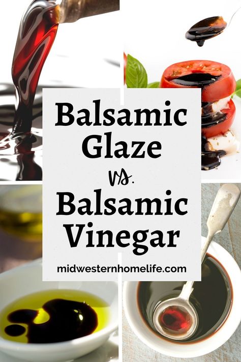 What's the difference between Balsamic Glaze and Balsamic Vinegar? Find out what they are and how to use them here. Reduced Balsamic Vinegar, Types Of Vinegar, Balsamic Vinegar Recipes, Balsamic Glaze Recipes, Balsamic Reduction, Homemade Condiments, Balsamic Dressing, Condiment Recipes, Marinade Recipes