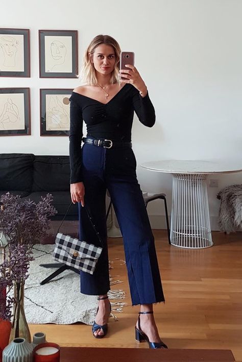 Why Black and Navy Are Actually the Best Color Pairing Navy Top Outfit, Navy Blue Shirt Outfit, Navy Blue Pants Outfit, Blue Trousers Outfit, Navy Pants Outfit, Blue Top Outfit, Blue Pants Outfit, Black Summer Outfits, Muted Autumn