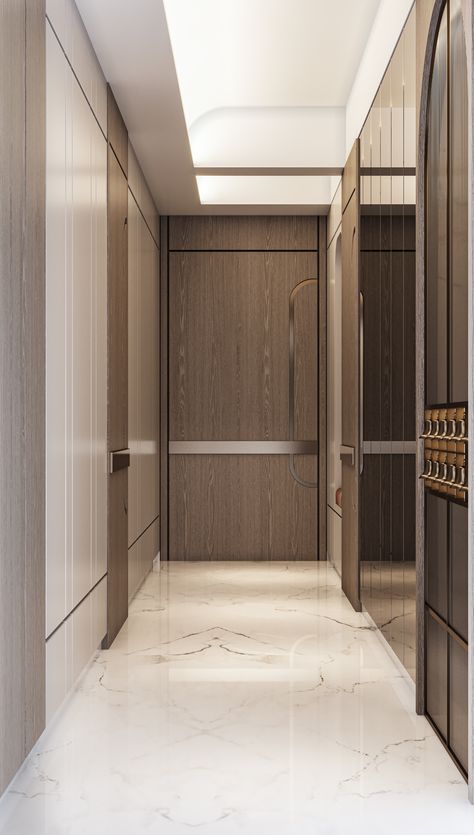 Entry Foyer Wall Design, Passage Panelling Design, Entrance Wall Panelling, Passage Ceiling Design, Residence Lobby, Modern Door Design, Foyer Wall, Door Design Photos, Main Entrance Door Design