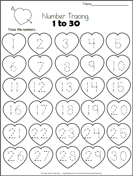 Free Heart Math worksheet.  Trace the numbers from 1 to 30 on the hearts.  This worksheet is a perfect valentine number practice printable for preschool and kindergarten students who are still learning their numb Number Tracing Printables Free 1-30, Counting 1 To 30 Worksheets, Counting To 30 Worksheets Free Printable, Numbers From 1 To 20 Worksheets Kindergarten Math, Number Practice Preschool 1-20, Tracing Numbers 1-20 Worksheet, Number Tracing Printables Free 1-20, Number Practice Preschool, Heart Numbers