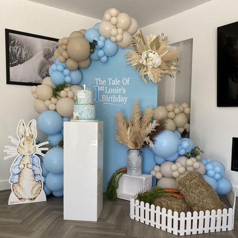 Isn’t this just the cutest Peter rabbit set up 😍 All for Louie’s first birthday!! 💙 Cake by - @karencakecouture #peterrabbit #peterrabbitparty #houseparty #birthdayballoons🎈 #balloonsdecoration #backdropdecoration #balloons2buisness #balloontrends #display #ballonsdecoration #sailboards #sailboardballoons #sailboardbackdrop #balloondisplays #celebrationballoons #birthdayballoons #1stbirthday #balloonarches #sempertex #organicballoonsgarlands #organicballoonsgarland #themedbirthdayparty #ki... Peter Rabbit Balloons, Rabbit Balloon, Balloon Displays, Peter Rabbit Party, Celebration Balloons, Balloon Display, First Birthday Cake, Mehndi Designs For Fingers, Backdrop Decorations