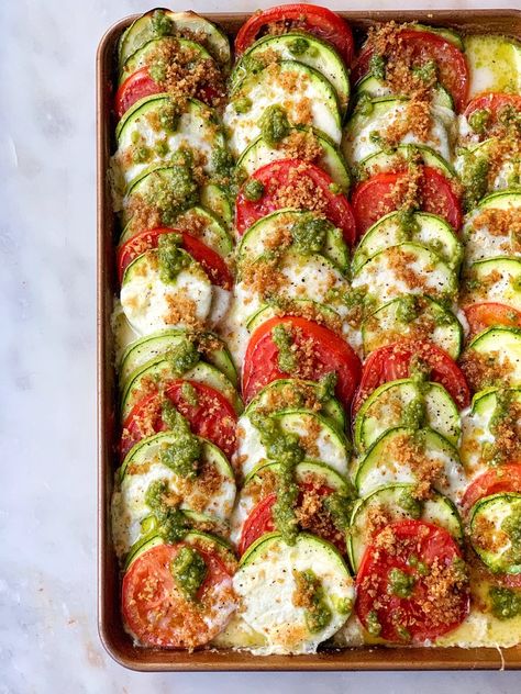 Huge Zucchini Recipes, Pesto Bake, Tortellini Pesto, Pesto Zucchini, Pesto Salad, Mozzarella Recipes, Roasted Vegetable Recipes, Veggie Side Dishes, Garden Recipes