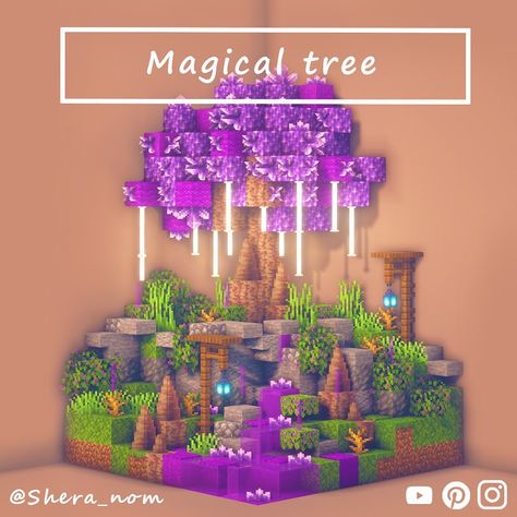 SheraNom | Minecraft Ideas on Instagram: “Cool magical tree for your Minecraft world This tree is highly inspired by the magical theme I have in my let’s play series. It was fun…” Minecraft Magical Decorations, Enchanting Tree Minecraft, Enchantment Area Minecraft Ideas, Fairy Home Minecraft, Magical Minecraft Ideas, Minecraft Amythest Tree, Fairyland Minecraft, Minecraft Magical Builds House, Aesthetic Minecraft Fairy Builds