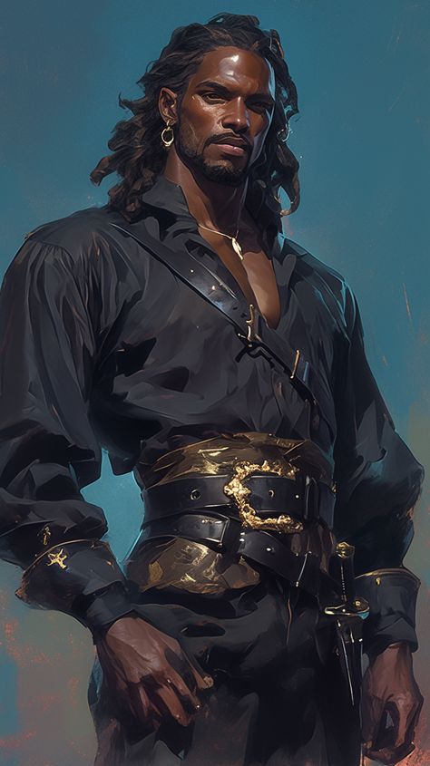 Bald Female Character Art, Vampire Pirate Art, Pirate Dnd Art, Black Dnd Characters Male, Pirate Man Art, Pirate Character Design Male, Pirate Character Art Male, Dark Skin Character Design Male, Black Elf Male