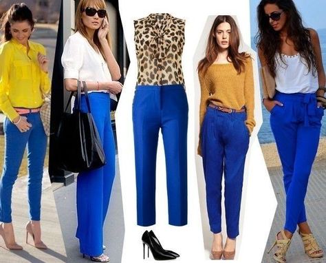 Blue Pants Outfit Work, Royal Blue Pants Outfit, Blue Pants Outfit, Royal Blue Outfits, Royal Blue Pants, Mode Ab 50, Look Office, Colour Combinations Fashion, Color Combos Outfit