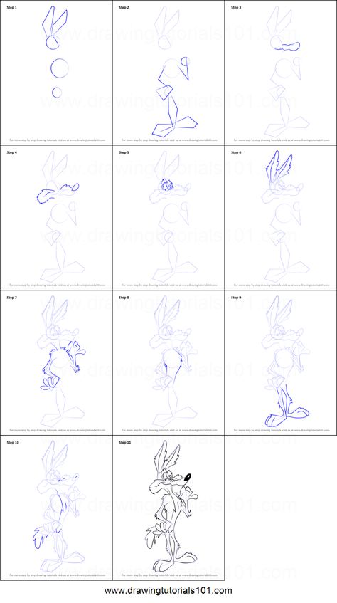 How to Draw Wile E. Coyote from Looney Tunes printable step by step drawing sheet : DrawingTutorials101.com Wile E Coyote Drawing, Looney Tunes Art Drawing, How To Draw Looney Tunes Characters, Coyote Drawing, Draw Heads, Coyote Tattoo, Wile E Coyote, Chuck Jones, Disney Paintings