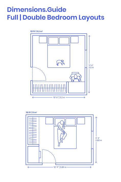 Full Size | Double Bedroom layouts are recommended floor plans for bedrooms based on the dimensions of a Full Size | Double Bed. Bedrooms with Full Size | Double beds should have minimum areas of around 97 ft2 | 9 m2 (bed with clearance) to 118-121 ft2 | 11-11.2 m2 (bed clearance and closets). Downloads online #bedroom #beds #architecture #interiordesign #homedesign Bedroom Measurements Layout, 9 M2 Bedroom, Double Bedroom Layout, 11 X 9 Bedroom Layout, 9 X 11 Bedroom Layout, Bedroom Plan With Dimensions, Bedroom 9 M2, 10x15 Bedroom Layout, Main Bedroom Layout