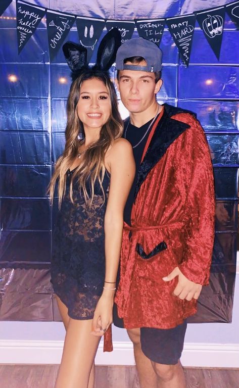 Hugh Hefner And Bunny Costume Couple, Bunny Couple Costume, Hugh Hefner And Bunny Costume, Playboy Bunny Halloween, Playboy Bunny Costume, Couples Halloween Costumes, Bunny Halloween, Couples Halloween Outfits, Hugh Hefner