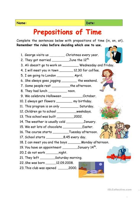 Preposition Of Time Worksheets, Preposition Of Time, Preposition Worksheet, Teaching Prepositions, Ingles Kids, Preposition Worksheets, English Prepositions, English Grammar Exercises, Grammar Exercises