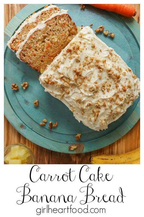 Carrot cake meets banana bread in this homemade loaf! This super moist loaf cake is easy to prepare and a great way to use ripe bananas. Top this carrot banana bread with a simple cream cheese frosting and chopped walnuts for one incredibly delicious treat! #carrotcakebananabread #carrotbananabread #bananabreadrecipe #carrotcake #creamcheesefrosting #recipetouseripebananas #carrotbananacake Carrot Banana Bread, Simple Cream Cheese Frosting, Banana Bread With Cream Cheese, Use Ripe Bananas, Carrot Cake Banana Bread, Cake Banana Bread, Bread With Cream Cheese, Carrot Banana Cake, Ripe Banana Recipe