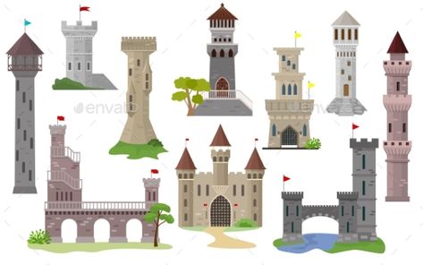 Cartoon Castle Vector Fairytale Medieval Tower Fantasy Palace, Medieval Street, Illustrator Ideas, Guard Tower, Tower Of Fantasy, Castle Vector, Fantasy Village, Small Drawing, Landscape Design Drawings