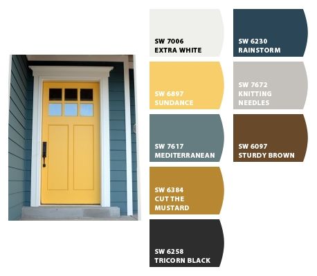 Grey House Yellow Front Door, Yellow House Exterior, Outside House Colors, Exterior Door Colors, Yellow Front Doors, Exterior Color Palette, Front Door Paint Colors, Yellow Door, Door Colors