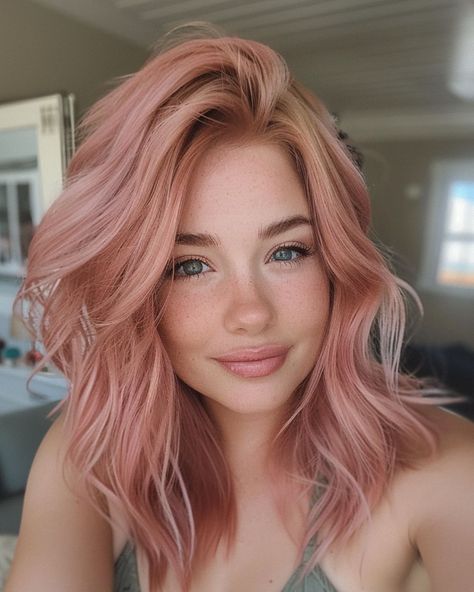 Cherry blonde hair color #Hair #haircut #hairstyle #instamood #instagood #trendhaircuts Muted Strawberry Blonde Hair, Cherry Blonde Hair Color, Pinkish Blonde Hair, Apricot Blonde Hair, Pastel Peach Hair, Medium Pink Hair, Cherry Blonde Hair, Cherry Blonde, Dusty Rose Hair