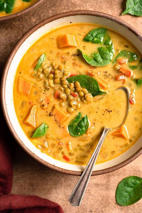 undefined Coconut Curry Lentil Soup, Potato Lentil Soup, Curry Lentil Soup, Masala Corn, Sweet Potato Lentil Curry, Paneer Pizza, Sweet Potato Lentil Soup, Pinto Bean Soup, Sautéed Onions