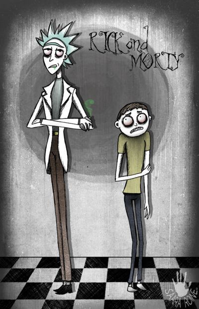 I like the Tim Burton Drawing style and I like Rick and Morty, and I can't help but imagine what the show would be like if it were to be animated entirely in this style. Rick And Birdperson, Tiny Rick, Tim Burton Drawings, Tim Burton Art Style, Rick And Morty Image, Rick And Morty Tattoo, Rick I Morty, Rick And Morty Poster, Simpsons Drawings