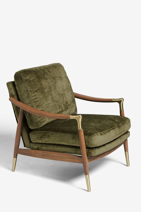 Wooden Accent Chair, Traditional Accent Chair, Green Accent Chair, Mid Century Modern Interiors, Green Home Decor, Green Chair, New Living Room, Furniture Collections, Brushed Metal