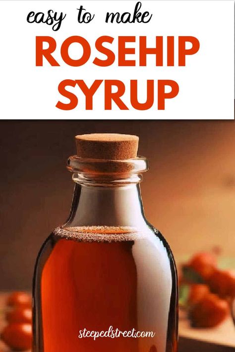 Homemade Rosehip Syrup - Steeped Street Rose Hip Syrup, Juniper Syrup, Diy Syrup, Rosehip Syrup, Tea Facts, Lemon Balm Tea, Immune System Boosters, Cocktail And Mocktail, Herb Recipes