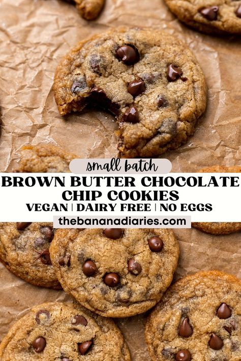 Chocolate Chip Cookies Egg Free, No Egg Chocolate Chip Cookies, Butter Free Cookies, Egg Free Chocolate Chip Cookies, Dairy Free Chocolate Chip Cookies, Vegan Chocolate Chip Cookie Recipe, Small Batch Chocolate Chip Cookies, Chocolate Chip Cookies Vegan, Banana Diaries