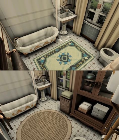 Sims 4 Victorian Bedroom, Sims 4 Vintage Bathroom, Vintage Bloxburg Bathroom, Bloxburg Shower Curtain Decals, Bloxburg Cottage House Ideas, Bloxburg Victorian House, Winter House Exterior, Cottage House Interior, Bloxburg House Ideas 1 Floor