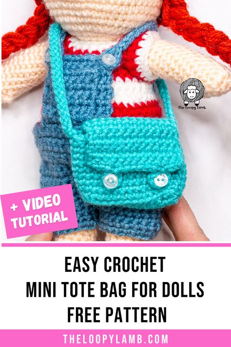 Crochet Doll Purse Pattern Free, Crochet Bag For Doll, Crochet Doll Backpack Pattern Free, Crochet Doll Backpack, Doll Accessories Crochet, Crochet Doll Accessories Free Patterns, Crochet Mini Backpack Free Pattern, Stuffies Crochet, Crochet Doll Accessories