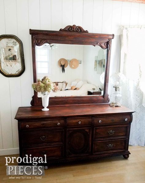 Dresser With Mirror Makeover, Refinished Dresser, Antique Dressers, Mirrored Dresser, Painted Dressers, Victorian Dressers, Triple Dresser, Painted Pianos, Recycling Projects