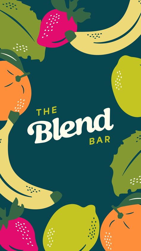 The Blend Bar is a fun and new smoothie bar with a bunch of exciting delicious flavors to choose from. They provide refreshing and nutritious smoothies perfect for on the go. For this brand, I went for a bold and playful style with a thick script logotype and bright vibrant colors. To complement the fun vibes of the brand, I also added some organic food illustrations to be used within the visual identity. Smoothie Logo Design Branding, Smoothie Brand Design, Juice Bar Branding, Organic Food Branding, Smoothie Branding, Fruit Juice Logo, Smoothie Design, Smoothie Logo, Smoothie Brand