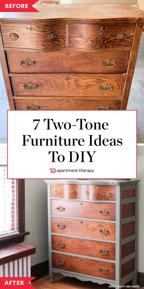 Love wood furniture? Us too! Try these 7 two-tone paint ideas for when your furniture just needs a *little* extra boost. #furnitureideas #twotonefurniture #dresserredo #diyprojects #diyideas #dresserideas #paintideas Two Tone Stained Furniture, Two Tone Furniture Painting Wood, Stain And Paint Combo Furniture, Two Tone Dressers, Black Furniture Diy, Two Toned Dresser, Two Tone Furniture, Stained Dresser, Two Tone Dresser