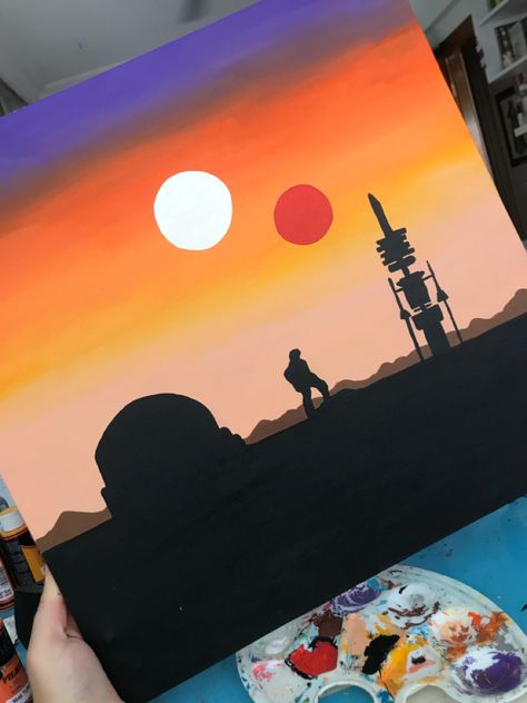 Star Wars Acrylic Painting Easy, Star Wars Binary Sunset, Star Wars Painting Easy, Star Wars Painting Ideas, Binary Sunset, Tiny Paintings, Star Wars Painting, Painting Stuff, Star Wars Diy