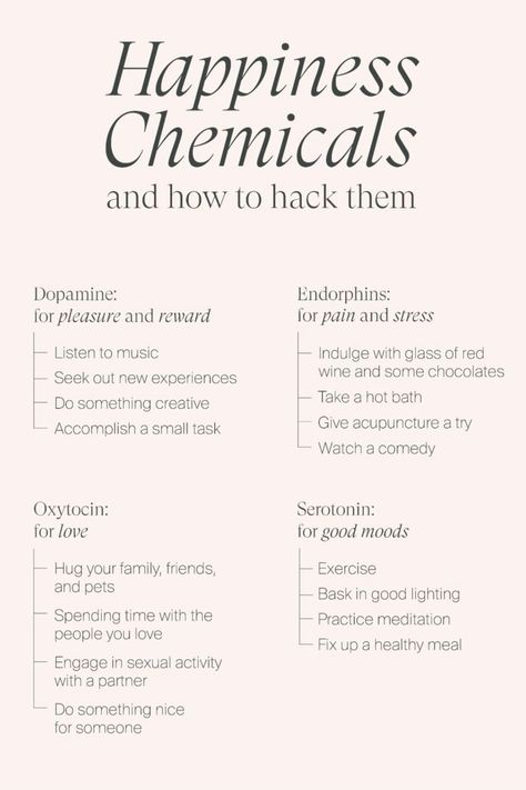 Discover the science of happiness! Learn about the 'happy chemicals' in your brain—dopamine, serotonin, oxytocin, and endorphins—that contribute to feelings of joy and well-being. Explore ways to naturally boost these chemicals for a happier, more fulfilling life. #happiness #neuroscience #wellness #mentalhealth Happiness Chemicals, Daglig Motivation, 타이포그래피 포스터 디자인, Trening Fitness, Vie Motivation, Positive Self Affirmations, Mental And Emotional Health, Self Care Activities, New Energy