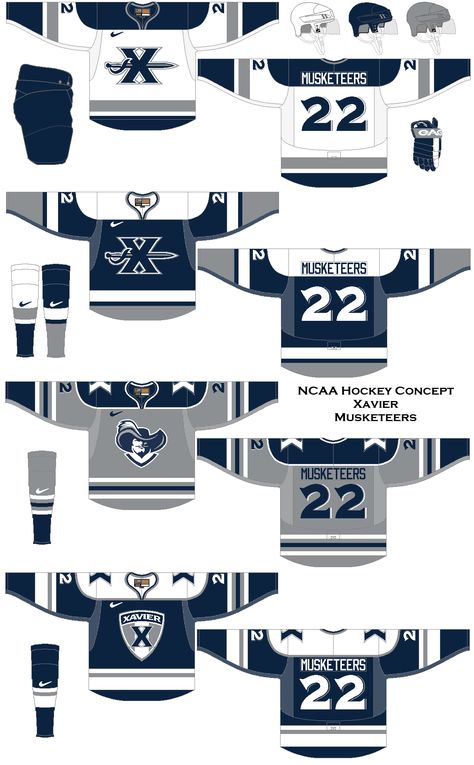 NCAA Hockey Uniform Concepts - Xavier Musketeers Hockey Jersey Design Ideas, Hockey Uniform Design, Hockey Jersey Design, Hockey Uniform, Jersey Ideas, Hockey Uniforms, Logo Dragon, Hockey Art, Jersey Designs