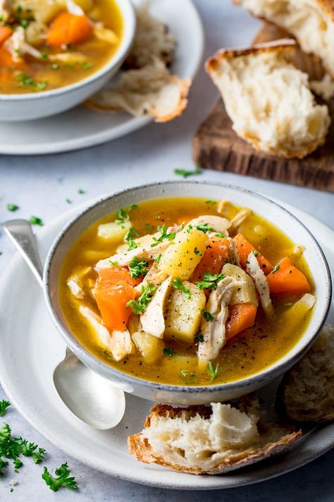 Use those leftover chicken bones to make the most sumptious base for this Chicken and Vegetable soup. A delicious and hearty lunch! #chickensoup #chickenandvegetablesoup #leftoverchicken #homemadesoup Leftover Chicken Soup, Roast Chicken Soup, Soup Photography, Chicken Soup Slow Cooker, Soup And Salad Combo, Chicken And Vegetable Soup, Leftover Roast Chicken, Soup Slow Cooker, Soup Simple