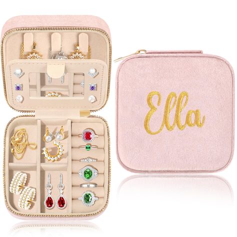 PRICES MAY VARY. Unique Gifts For women: Luxurious pink velvet and personalized embroidery name, mini Jewelry case with unique name makes the personalized gift for mom, daughter, friends, sister, bridesmaid, bride, wife, girlfriend, teacher... Portable and Compact: Multi-functional travel jewelry storage box with mirror can hold all kinds of jewelry in different areas. There are 3 necklace hooks, an elastic pocket for many uses, ring holder, earring holder, removable dividers, so it can be adjus Essential Aesthetic, 18th Birthday Gifts For Girls, Personalized Gifts For Women, Sister Bridesmaid, Jewelry Box Gift, Mini Jewelry, Girls Personalized Gifts, Birthday Gifts For Grandma, Travel Jewelry Box