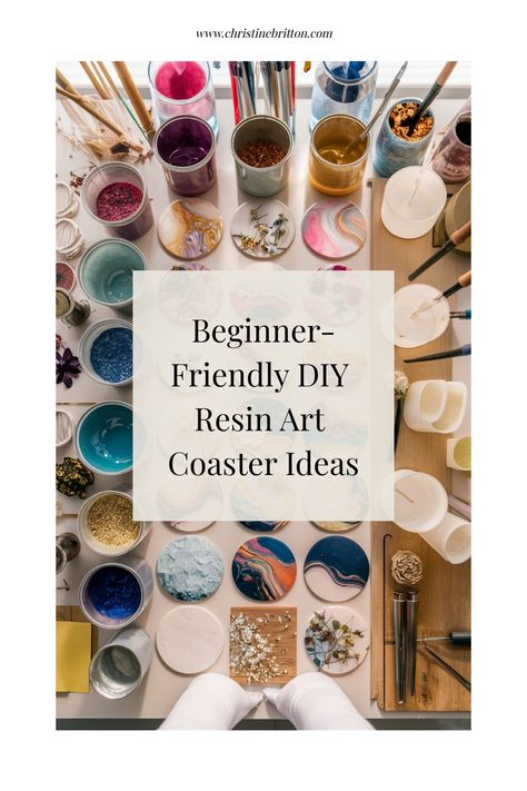 Art supplies and materials arranged for beginner-friendly DIY resin art coaster projects, including paints, brushes, and molds. Resin Geode Coasters Tutorial, Resin Coaster Set With Holder, Resin Coasters Ideas, Resin Art Coasters, Diy Resin Coasters, Resin Pouring, Coaster Ideas, Art Coaster, Art Coasters