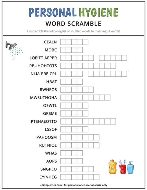 Free Printable Personal Hygiene Word Scramble Hygiene Worksheets Free Printable, Hygiene Worksheets For Kids, Therapist Activities, Personal Hygiene Worksheets, Personal Hygiene Activities, Hygiene Activities, Jumbled Words, New Year Words, Word Search Puzzles Printables