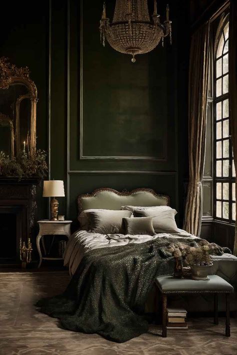 Green Bedroom Green Victorian Bedroom, Dark Romantic Bedroom, Romantic Bedroom Ideas, Academia Bedroom, Bedroom Revamp, French Style Bedroom, Gothic Mansion, Bedroom Victorian, Victorian Bedroom