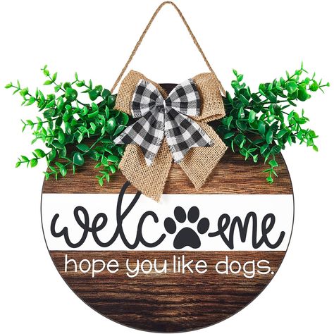 PRICES MAY VARY. The package includes: you will receive one Dog Welcome Sign, With its eye-catchy design and “we hope you like dogs” message, our door wreath will make everyone feel welcomed into a home full of warmth and adorable quality materials: The front door sign was crafted with high attention to detail, using quality materials to ensure long-lasting use. durable, and sturdy.It is made from solid which is known to withstand warping or splitting even when exposed to outdoor elements. desig Farmhouse Front Porch Decor, Farmhouse Front Porch, Welcome Signs Front Door, Door Signs Diy, Wood Wreath, Farmhouse Front Porches, Porch Welcome Sign, Front Porch Decor, House Front Door