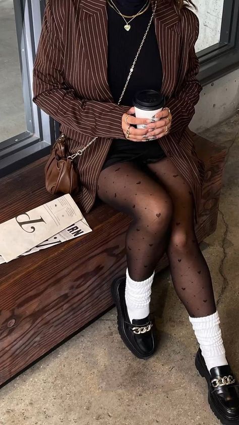 Patterned Tights Outfit, Black Tights Outfit, Denmark Fashion, Fashion Week Outfit, London Outfit, Patterned Tights, Black Pantyhose, Cold Weather Fashion, White Socks