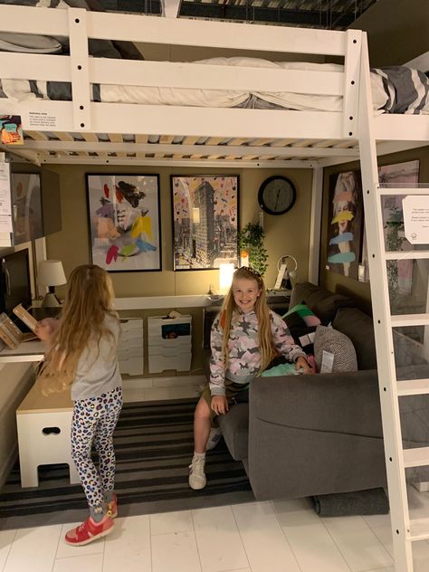 Loft Bed Underneath, Ikea Stora Bed, Elevated Bed Teen Room, Loft Bed With Couch Underneath Kids Rooms, Loft Bed With Couch Underneath Aesthetic, Loft Bed For Boys, Room Ideas Bunk Beds Aesthetic, Ikea Stora Loft Bed, Loft Bed 2 Persons