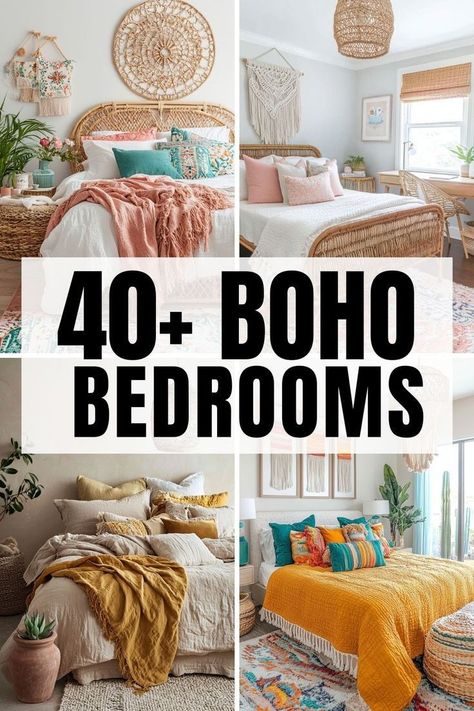 Boho Bedroom For Adults, Layered Boho Bedding, Boho Witchy Bedroom Ideas, Diy Boho Bed Frame, All White Bedroom With Pops Of Color, Bedroom Inspirations Boho Cozy, Boho Bed Frames, Teen Boho Bedroom Ideas, Teen Girl Boho Bedroom