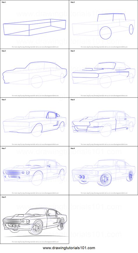 How to Draw a 1968 Mustang Printable Drawing Sheet by DrawingTutorials101.com How To Draw Mustang, How To Draw Cars Step By Step, How To Draw A Car, Manga Cars, Mustang Drawing, Sketches Cartoon, How To Draw Cars, Car Drawing Pencil, Car Drawing Easy