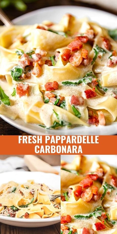 Try this pappardelle carbonara mixed with with some fresh arugula for a quick dinner that is far from ordinary. Pappardelle Pasta Sauce, Sauce For Pappardelle, Pappardelle Pasta Recipe Chicken, Chicken And Pappardelle, Recipes With Parpadelle Pasta, Recipes With Pappardelle Pasta, Creamy Pappardelle Recipes, Chicken Pappardelle Recipes, Parpadelle Pasta Recipes Sauces