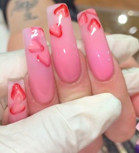 Ebony Salmon, Strawberry Delight, Polygel Nails, Shiny Nails, Acrylic Coffin, Bright Nails, Jelly Nails, Popular Nails, Heart Nails