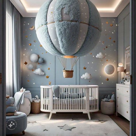 Light Blue Nursery, Air Balloon Nursery, Balloon Nursery, Hot Air Balloon Nursery, Floating Lanterns, Kids Room Interior Design, Baby Nursery Themes, Adventure Baby, Nursery Theme