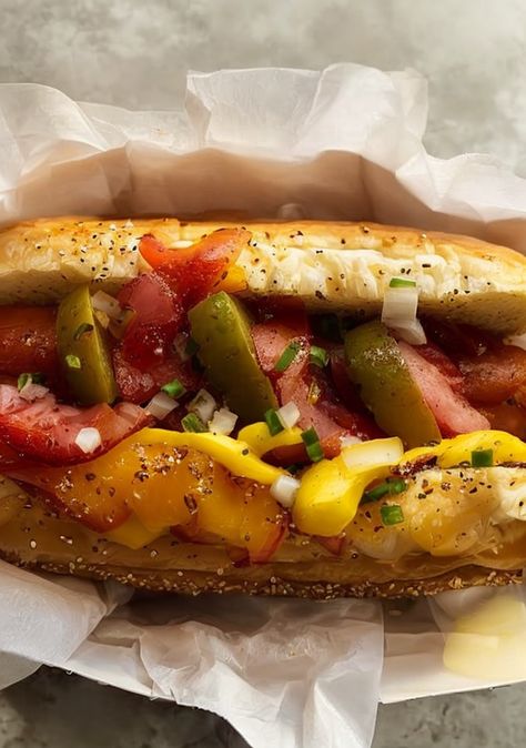 Savor the iconic Chicago Style Hot Dog! 🌭✨ Loaded with tangy pickles, spicy peppers, and a poppy seed bun. A taste of the Windy City awaits! #ChicagoStyle #HotDog #StreetFood #FoodieFinds #TastyBites Fun Hot Dog Recipes, Hotdogs Recipes, Hot Dog Recipe, Chicago Style Hot Dog, Chicago Hot Dog, Hot Dogs Recipes, Crispy French Fries, Chicago Dog, Beef Hot Dogs