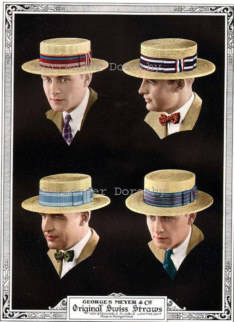 1926 Swiss Straw Boater's Hats Men's Summer Fashions Advertisement by SurrendrDorothy, via Flickr 1920s Mens Hats, Music Man Costumes, 1920 Men, 1920s Mens Fashion, 1920s Men, Straw Boater, Dapper Dudes, Mens Hats, Boater Hat