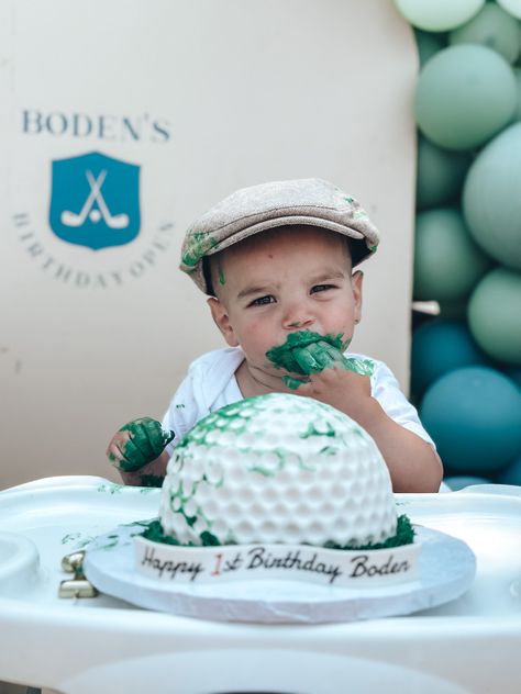 Hole In 1 First Birthday Cake, Golf Party Cake Ideas, Golf Ball Smash Cake 1st Birthdays, Golf 1st Birthday Cake, Hole In One First Birthday Golf Theme, Whole In One Golf First Birthday, Hole In One Smash Cake, Hole In One Birthday Cake, Golf Smash Cake Baby Boy