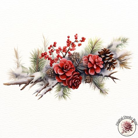 Watercolor Winter Branch Clipart: Pinecones, Evergreen Tree, Snow, Poinsettia Flowers, and Holly Berries for Festive Crafts https://digitalduskyrose.etsy.com/listing/1794887945 Bring the beauty of the winter season into your projects with our Watercolor Winter Branch Clipart collection. Featuring delicately illustrated pinecones, evergreen branches, snow accents, poinsettia flowers, and holly berries, this high-resolution clipart is perfect for creating stunning Christmas cards, scrapbookin... Snow Clipart, Christmas Stock Photos, Poinsettia Flowers, Snow Flower, Watercolor Winter, Festive Crafts, Pine Branches, Poinsettia Flower, Wreath Watercolor